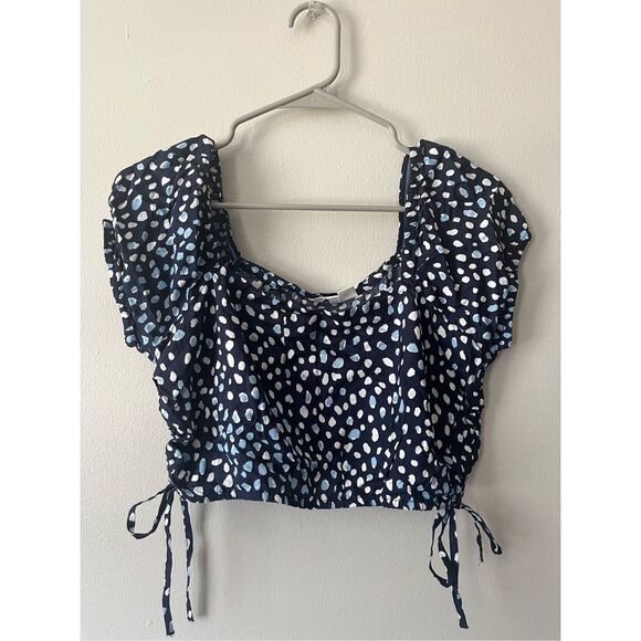 Roxy Medium Womens Blue and White Puff Sleeve Crop Top White Polka Dot - Picture 1 of 6
